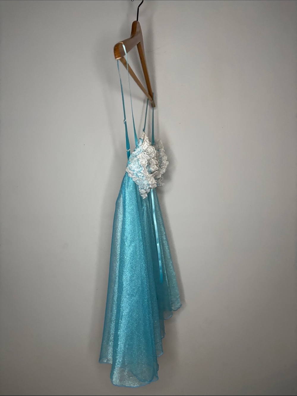 Y2K Era Sheer Ruffled Babydoll Chemise in Aqua with White Lace - Picture 8 of 9